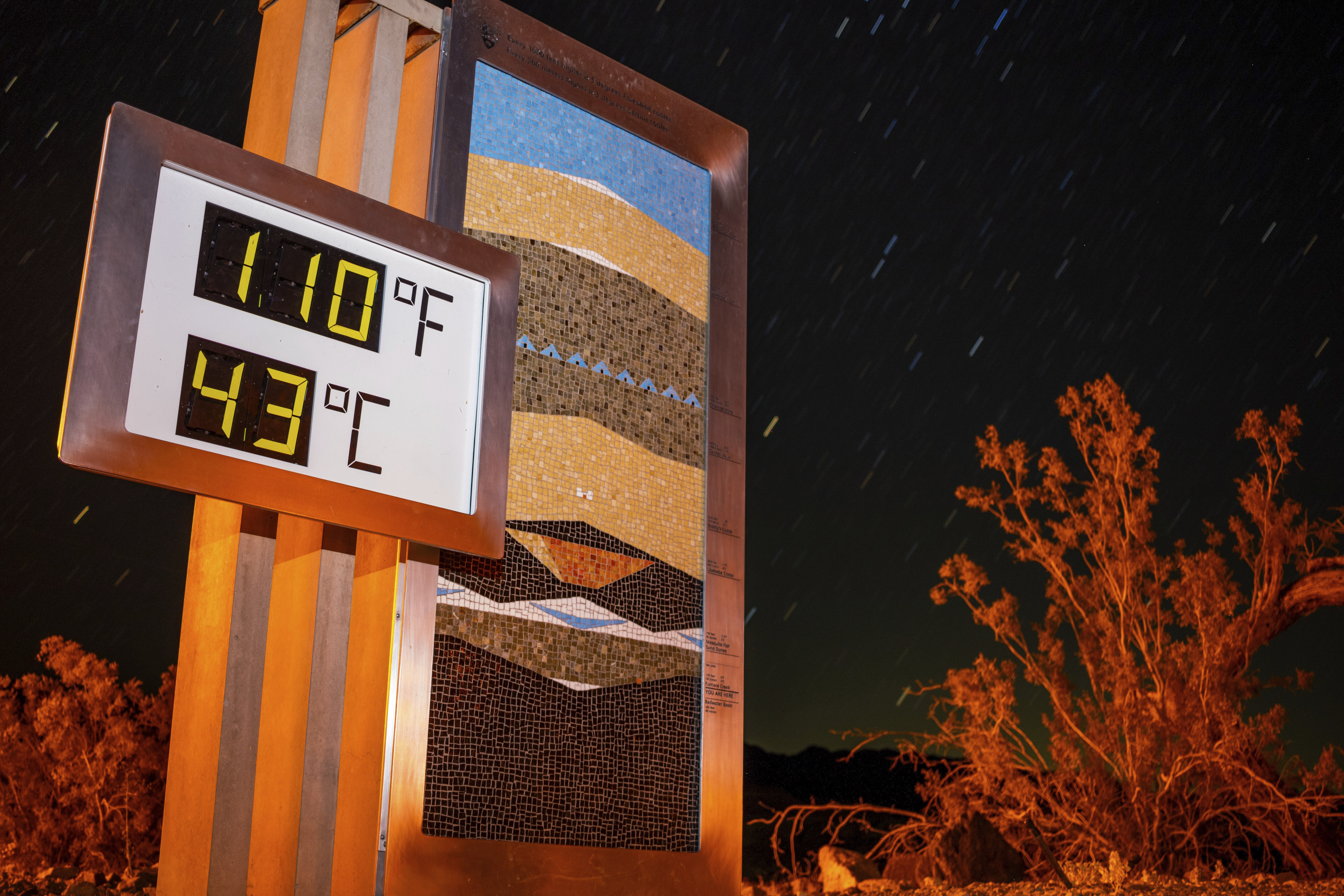A long exposure image of the thermostat at the Furnace Creek Visitors Center after 10:00 p.m., in Death Valley National Park, Calif., Sunday, July 7, 2024. A long exposure image of the thermostat at the Furnace Creek Visitors Center after 10:00 p.m., in Death Valley National Park, Calif., Sunday, July 7, 2024.