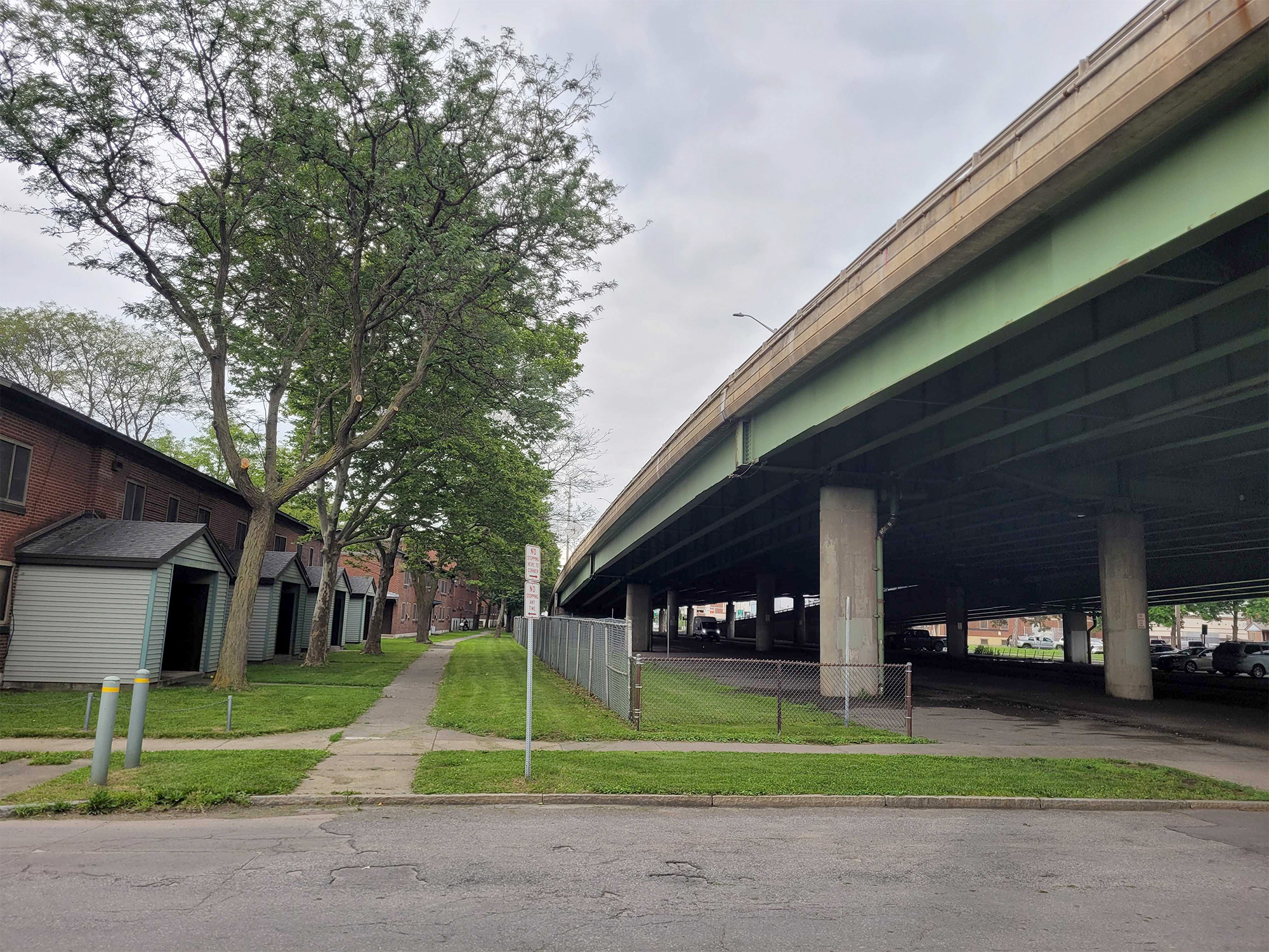 An elevated section of highway in Syracuse, New York, was built just a few yards from public housing in the 1950s and 1960s. An elevated section of highway in Syracuse, New York, was built just a few yards from public housing in the 1950s and 1960s.