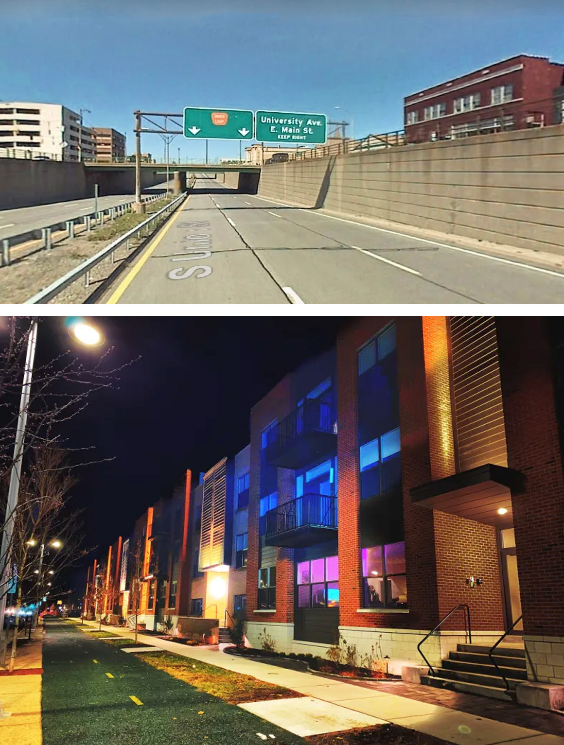 Rochester tore out a section of its Inner Loop freeway (top), shown in a Google Street View Image from 2007. The freeway was replaced with a surface, lined with apartments and bike lanes (bottom). Rochester tore out a section of its Inner Loop freeway (top), shown in a Google Street View Image from 2007. The freeway was replaced with a surface, lined with apartments and bike lanes (bottom).