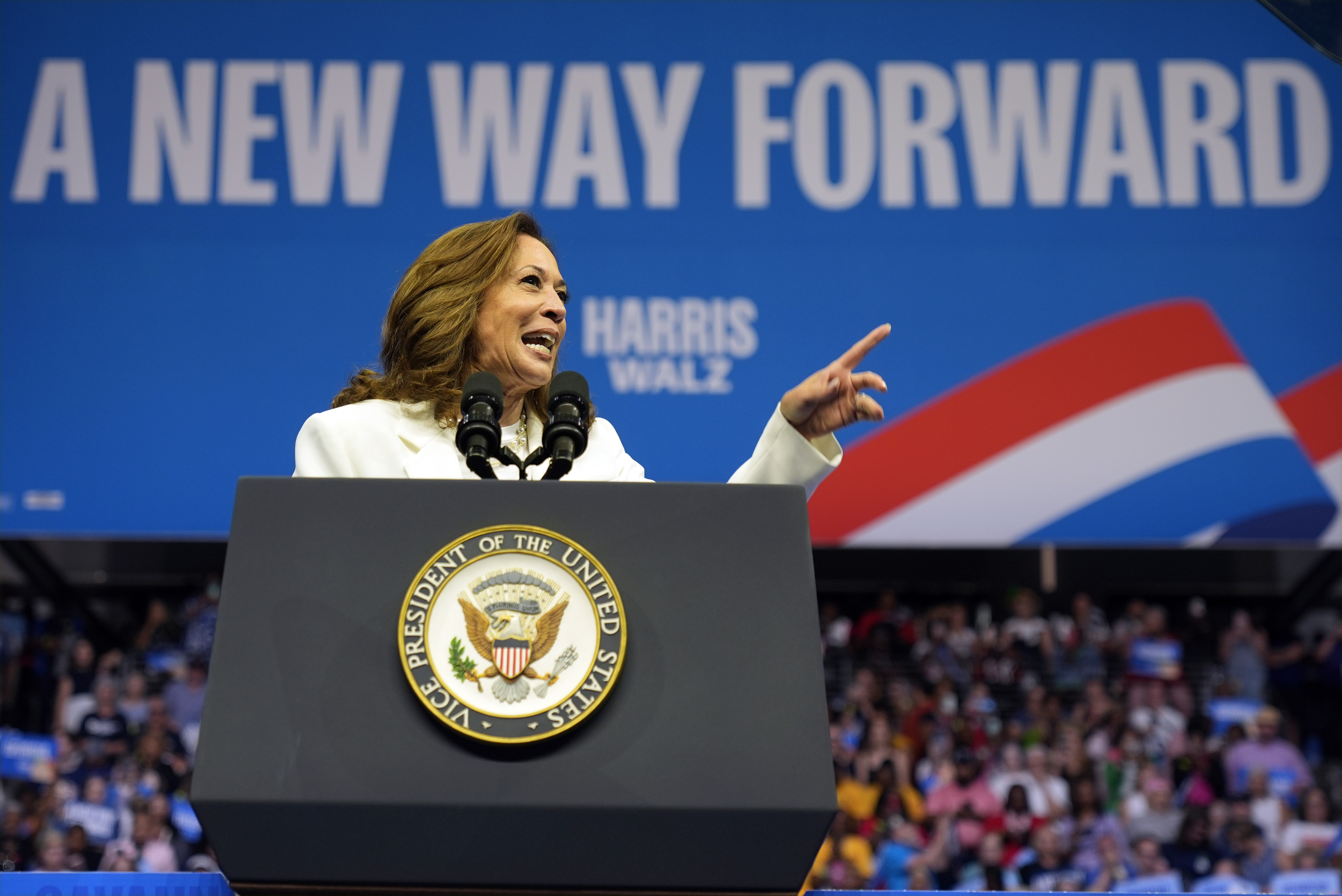 Democratic presidential nominee Vice President Kamala Harris speaks at a campaign rally Democratic presidential nominee Vice President Kamala Harris speaks at a campaign rally